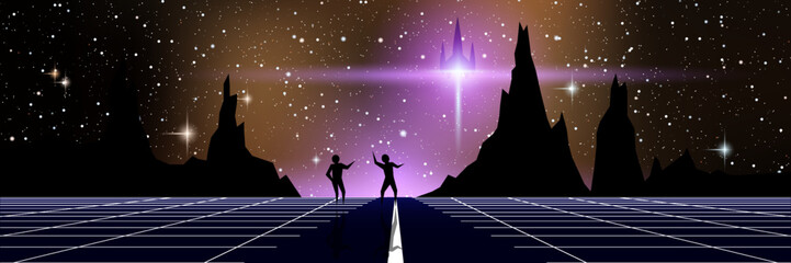 Obraz premium Fantastic world, deep space alien planet vector concept illustration. Web banner, header design template. Starry night background with mountains and spaceship start