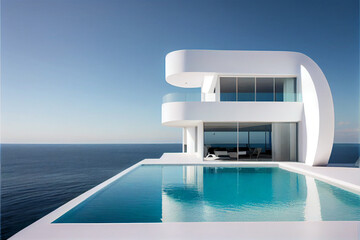 Fototapeta na wymiar Contemporary residential villa. Modern architecture with beautiful swimming pool and sea view. Generative AI illustration