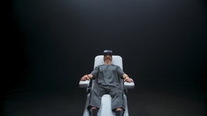 Fototapeta na wymiar VR goggles man enjoying interactive armchair. Cyber gloves gamer relaxing