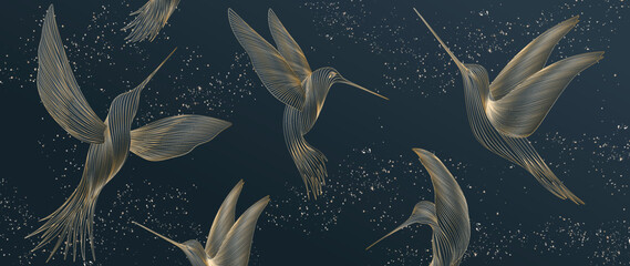 Dark art background with hummingbirds hand drawn in gold line art style. Animalistic banner for decoration, print, textile, wallpaper, packaging, interior design. © VectorART