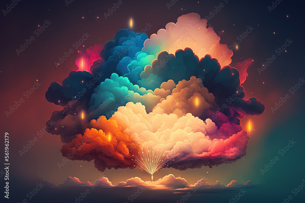 Canvas Prints Long exposure shot of lovely colorful holiday fireworks in the evening sky with majestic clouds. Generative AI