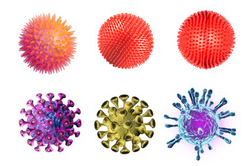 Coronavirus cells or bacteria molecule. Virus Covid-19. Virus isolated on white. Close-up of Flu,...