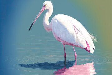 A white colored spoonbill bird is in the water. Spoonbills are a genus, Platalea, of large, long legged wading birds. Generative AI - obrazy, fototapety, plakaty