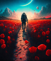 Futuristic person walking through red poppy flower field created with Generative AI