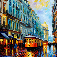 abstract painting of colorful lisbon city street