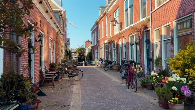 Typical Dutch architecture in the historic city center Haarlem, the Netherlands, 24 April 2022. High quality 4k footage