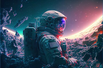 Obraz na płótnie Canvas Astronaut on a futuristic background Sci fi colorful with Generative AI