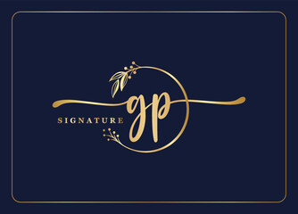 luxury gold signature initial GP logo design isolated leaf and flower