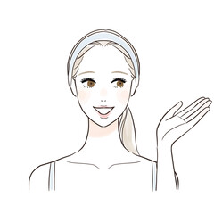 笑顔で案内する女性　スキンケア