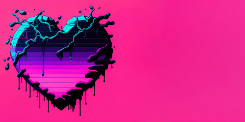 Vaporwave heart on neon pink background, graphic design, Generative AI