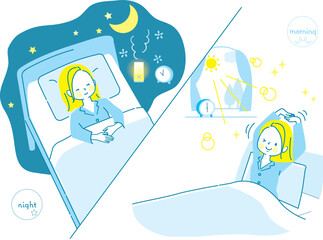 ぐっすり眠ってスッキリ目覚める若い女性のイラスト素材