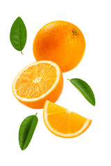 Fototapeta na wymiar Falling or levitate Orange fruits with half and leaves isolated on white background.