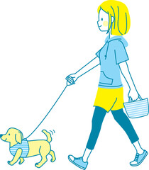 犬の散歩をしている若い女性のイラスト