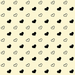 Cute black heart shape seamless pattern in diagonal arrangement. Love and romantic repeating background. Black and light yellow wallpaper.