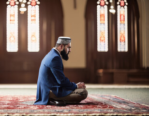 professional photo of a person knelling in a beautiful Mosque , Ramadan Islamic Holy Day - AI Generated