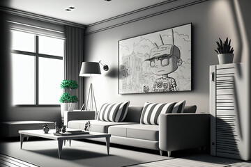 Contemporary living room in gray and white with big sofa and tv screen. Generative AI