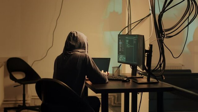 Professional hacker using online pc system to access sensitive information. Thief doing phishing and using trojan virus to plant computer malware or security breach, web dos. Tripod shot.