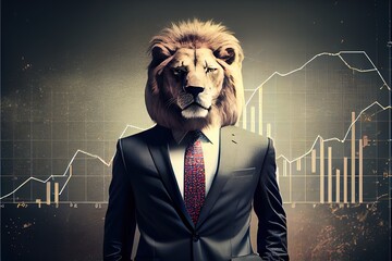 Lion in suit Business stock market with graphic diagram. Generative AI