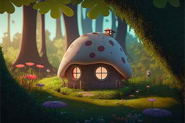 Illustration about fantasy mushroom house .
