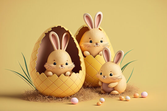 Easter bunnies as well as yellow eggs. On a beige background, there are Easter eggs in the nest. Concept for Easter decorations. Generative AI