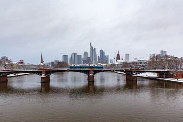 Fototapeta na wymiar Frankfurt Winter Skyline with tram