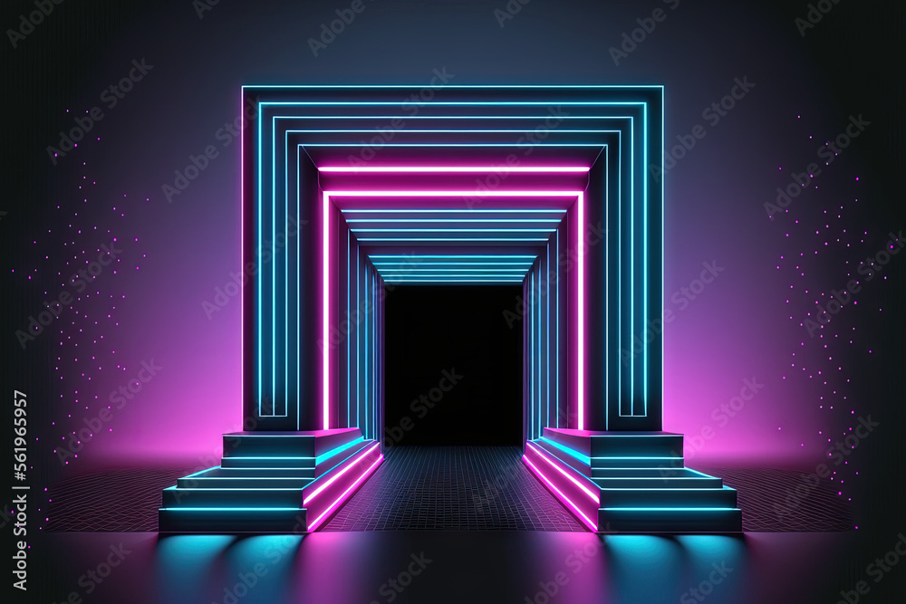 Sticker pink and blue brilliant hues, screen pixels, luminous dots, neon lights, virtual reality, stage, laser show, catwalk fashion podium, and isolated on black. Generative AI