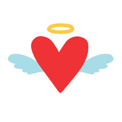 Vector hand drawn flat red heart with angel wings isolated on white background