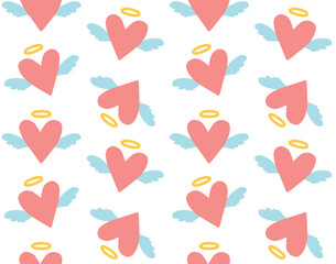 Vector seamless pattern of hand drawn flat heart with angel wings isolated on white background
