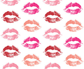 Vector seamless pattern of different color lipstick lips kiss isolated on white background