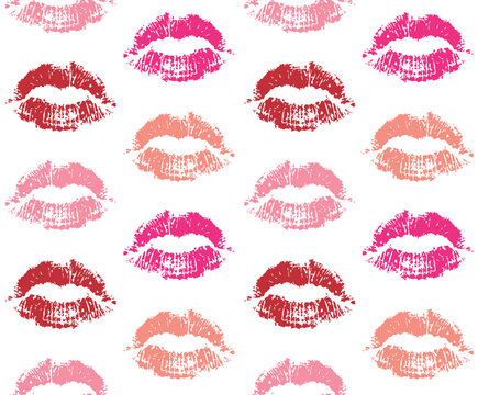 Vector seamless pattern of different color lipstick lips kiss isolated on white background