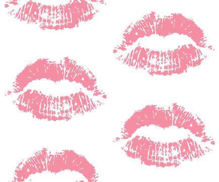 Vector Seamless Pattern Of Pink Lipstick Lips Kiss Isolated On White Background