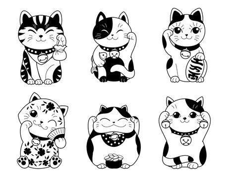 Maneki neko outline set. Collection of minimalistic graphic elements for website. Toys and mascots, Asian style, culture and traditions. Cartoon flat vector illustrations isolated on white background