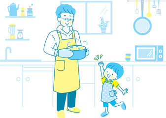 料理をする親子のイラストセット