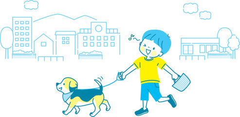 犬の散歩をしている男の子のイラスト