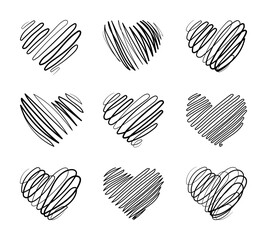 Fototapeta premium Set of black hand drawn hearts for Valentine's Day. Doodle line style. Collection of isolated vector design elements for icon or button, greeting card, invitation, poster, web banner.