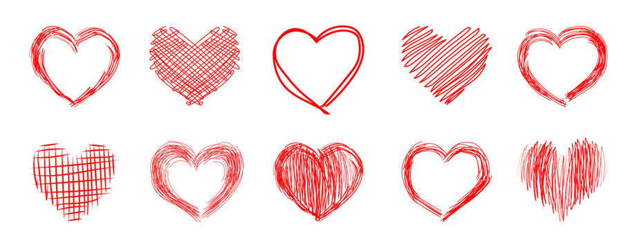 Set of red hand drawn hearts for Valentine's Day. Doodle line style. Collection of isolated vector design elements for icon or button, greeting card, invitation, poster, web banner, frame.