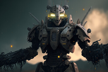 Obraz na płótnie Canvas Robot with armor from an alien post apocalypse. Illustration. Generative AI