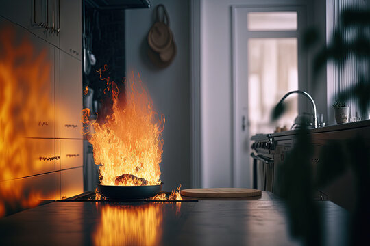 Fire, explosion with red flames of fire in the kitchen in a living room with a blurred background, prevention. Safety banner. High quality photo. Generative AI