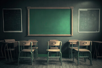 Empty school classroom. Green chalkboard on the wall. Education concept. Blackboard, desks and chairs in the class. Classroom of elementary school without students and teacher. Back to school