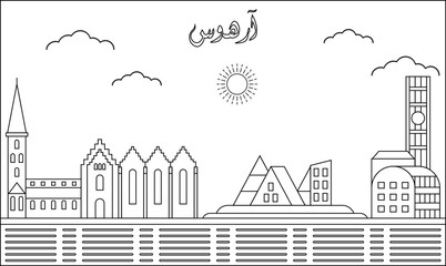 Obraz premium Aarhus skyline with line art style vector illustration. Modern city design vector. Arabic translate : Aarhus