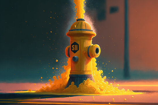 Yellow fire hydrant wide open gushing water onto the street with slightly grainy effect where water is falling back down over the pavement. Generative AI