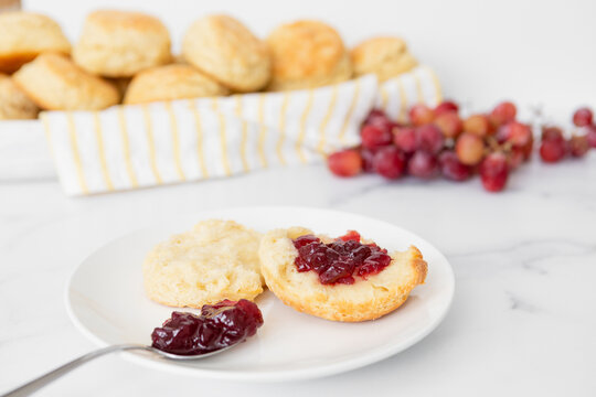 Freshly Baked Homemade Buttermilk Biscuits with Grape Jelly