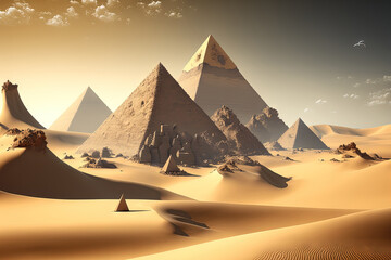 Egyptian pyramids with a clear sky, in a desert of sand. Generative AI