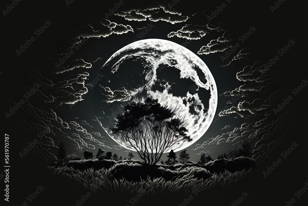 Sticker Full moon in pitch black night sky. Generative AI