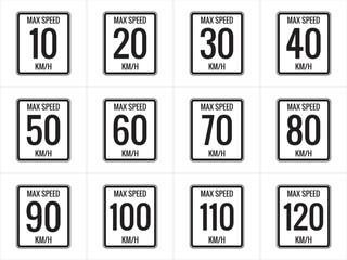 Maximum Speed limit sign 10 kmh, 20, 30, 40, 50, 60, 70, 80, 90, 100, 110, 120 Kmh, sign icon on white background vector illustration.