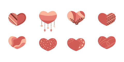 Zestaw czerwonych serc - kolekcja płaskich ilustracji w stylu boho. Proste elementy do projektów - serce, miłość, walentynka, ślub, zdrowie, troska.