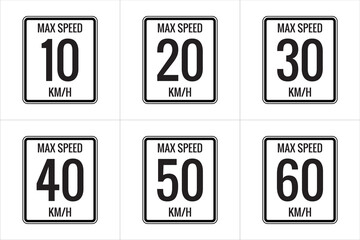 Maximum Speed limit sign 10 kmh, 20, 30, 40, 50, 60 Kmh, sign icon on white background vector illustration. - obrazy, fototapety, plakaty