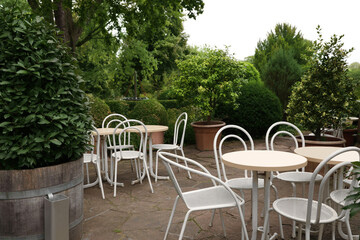 Beautiful garden with tables, chairs and green plants