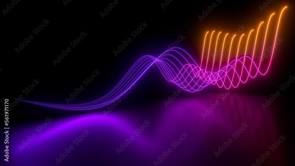 Wall mural sci fy neon glowing wave lines in a dark hall. reflections on the floor. empty background in the cen