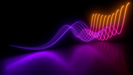 Sci Fy neon glowing wave lines in a dark hall. Reflections on the floor. Empty background in the center. 3d rendering image. Abstract glowing lines. Techology futuristic background.